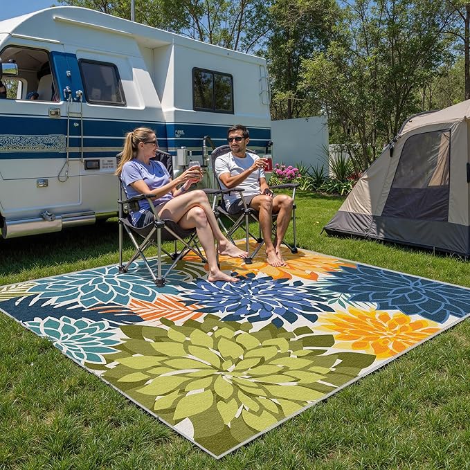 Colorful 6x9 Outdoor Area Rug Washable Multicolored Patio Rug Tropical Botanical Floral Chenille Waterproof Outdoor Carpet Non-Slip for Patio, Deck, Backyard, Porch, Green