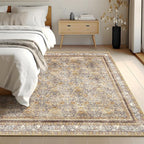 Phantoscope Washable Area Rug 8'x10' Non-Slip, Vintage Neutral Rugs for Living Room, Bedroom, Dining Room, Distressed Boho Floral Medallion Pattern, Low-Pile Foldable Carpet, Brown/Charcoal Spice