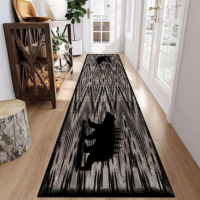 Rustic Cabin Runner Rug, 2.6x10ft, Vintage Lodge Wood Grain Wild Animal Black Bear Print Long Hallway Rug, Non-Slip Washable Carpet with Rubber Backing for Hallway Walkway Entry Foyer