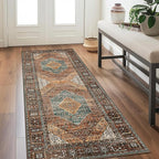 Bavni Runner Rug 2x10 Kitchen Rugs for Hallways Entryway, Washable Print Carpet, Low Pile Lightweight Rug with Non Slip Backing, Vintage Brown/Blue