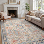 Area Rugs 8x10 Clearance Washable Boho Rug for Bedroom Living Room, Non Slip Thin Low Pile Chenille Carpet for Dining Room,Vintage Farmhouse, Teal/Multi