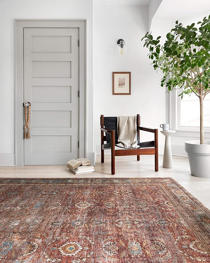 Loloi Layla Collection LAY-01 Brick/Blue 7'-6" x 9'-6" .13" Thick Area Rug, Soft, Durable, Vintage Inspired, Distressed, Low Pile, Non-Shedding, Easy Clean, Printed, Living Room Rug
