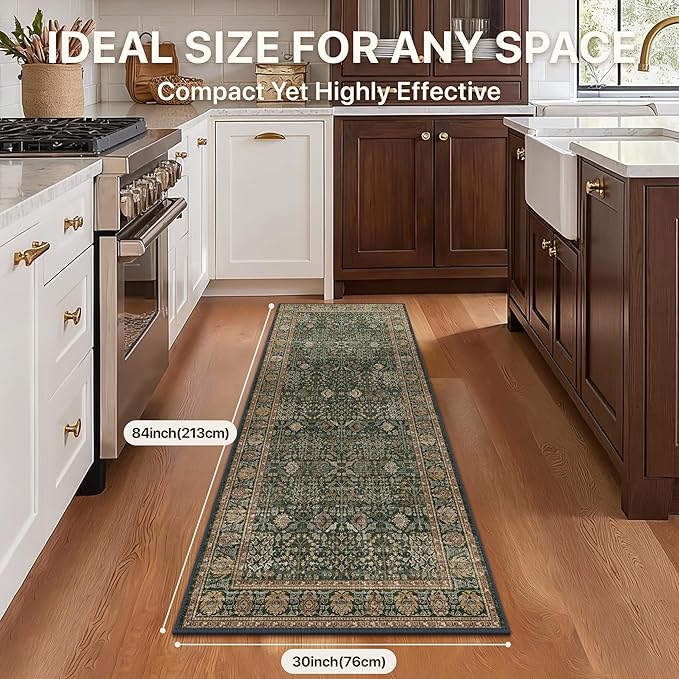 Bavni 2'6''x7 Rug Runners for Hallways, Washable Runner Rug Non Slip, Vintage Floral Print Style Rugs for Bedroom-Lightweight Low Pile Carpet for Hallways Bathroom, Dark Green/Multi