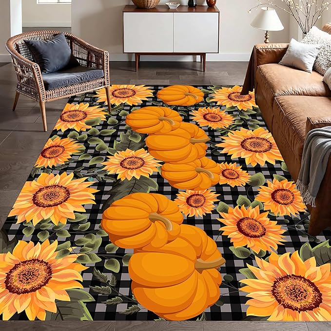 Autumn Style Area Carpet, 5x6ft, Checkered with Sunflower and Pumpkin Fall Harvest Large Flower Rug, Fluffy Short Pile Rubber Backed Farmhouse Door Mat for Study Room Front Door