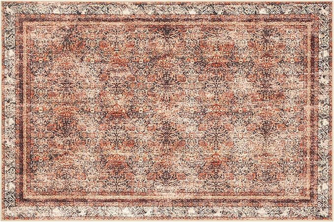 Phantoscope Washable Area Rug 6'x9' Non-Slip, Vintage Neutral Xmas Rugs for Living Room, Bedroom, Dining Room, Distressed Boho Floral Medallion Pattern, Low-Pile Foldable Floor Carpet, Brick Red/Black