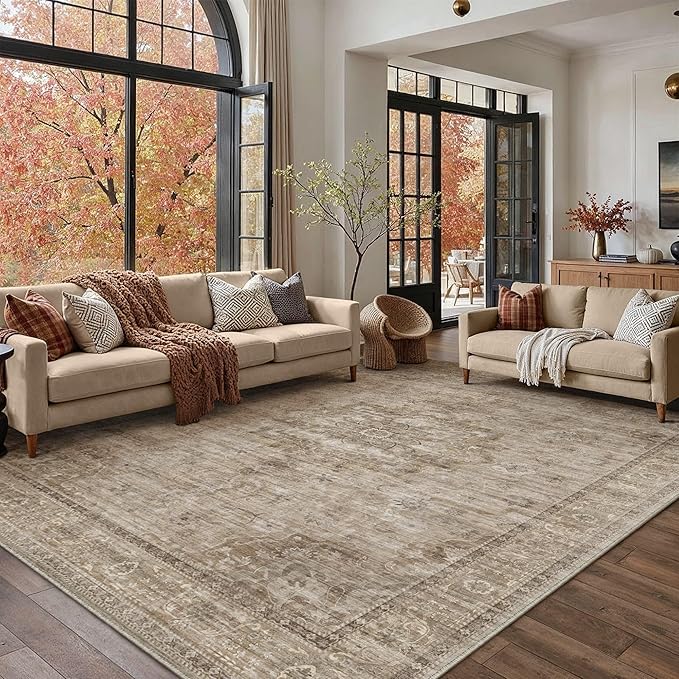 HUGEAR Washable 6x9 Area Rugs Retro Brown Living Room Bedroom Rug Vintage Distressed Non Slip Stain Resistant Low Pile Neutral Throw Carpet for Home Decor