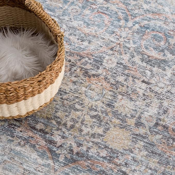 Bloom Rugs Washable Non-Slip 2x3 Rug - Ocean Blue/Brick Traditional Oriental Area Rug for Living Room, Bedroom, Dining Room, and Kitchen - Exact Size: 2' x 3'