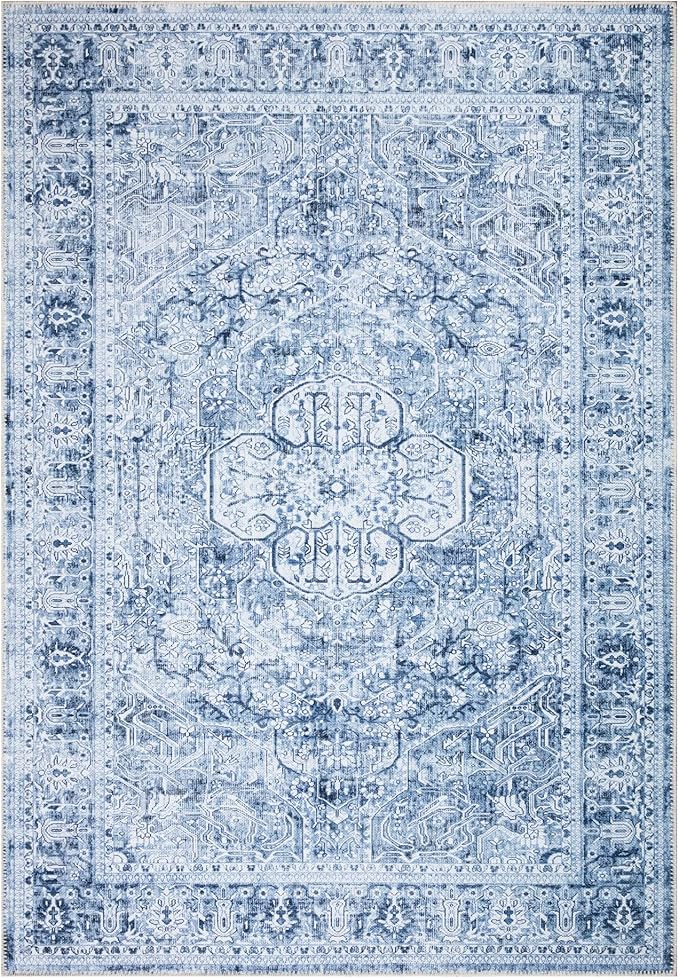 Bloom Rugs Washable Non-Slip 8' x 10' Rug - Ivory/Denim Blue Traditional Medallion Area Rug for Living Room, Bedroom, Dining Room, and Kitchen - Exact Size: 8' x 10'