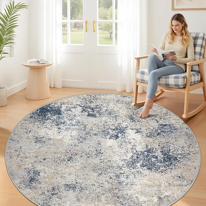 6ft Washable Round Rug - 6x6 Area Rugs Modern Abstract Rugs for Living Room Non-Slip Low Pile Soft Machine Washable Carpet for Bedroom, Living Room, Dining Room, Nursery, Farmhouse (6'x6' Beige Blue)