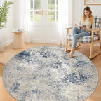 6ft Washable Round Rug - 6x6 Area Rugs Modern Abstract Rugs for Living Room Non-Slip Low Pile Soft Machine Washable Carpet for Bedroom, Living Room, Dining Room, Nursery, Farmhouse (6'x6' Beige Blue)