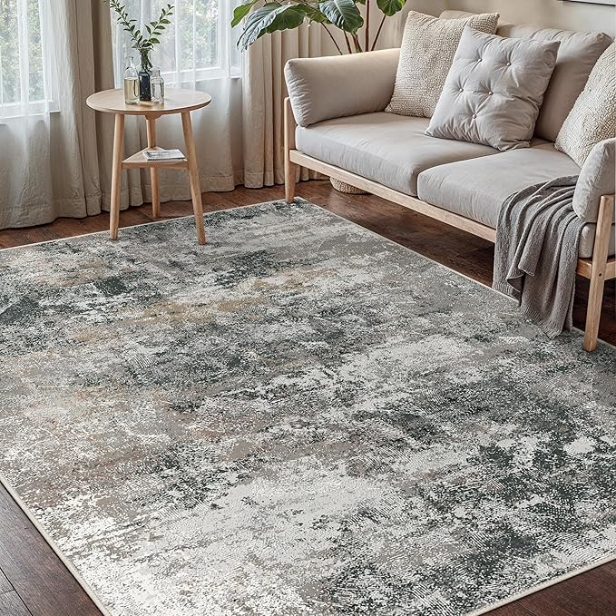 GENIMO Washable 5x7 Area Rugs for Living Room, Non Slip Modern Abstract Rug, Machine Washable Stain Resistant Low Pile Soft Carpet for Bedroom, Dining, Office, Black Grey