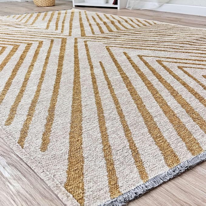 Alfa Rich 5x8 Geometric Gold Off White Washable Area Rugs for Living Room Bedroom Kitchen Cotton Rug