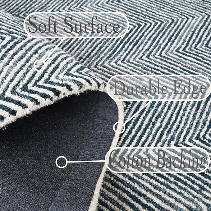 Modern Herringbone Chevron Collection Handcrafted Wool Area Rug - Durable, Zigzag Pattern, for High Traffic, Contemporary Design for Living Room, Bedroom, Dining Room Decor (Denim Blue, 10' x 10')