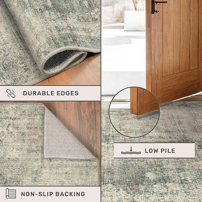 Tan and Moss Rugs for Dining Room - Neutral Abstract Faded Patterned Accent Rug 5x8 for Living Room, Home Office, Bedroom Foldable Soft Washable