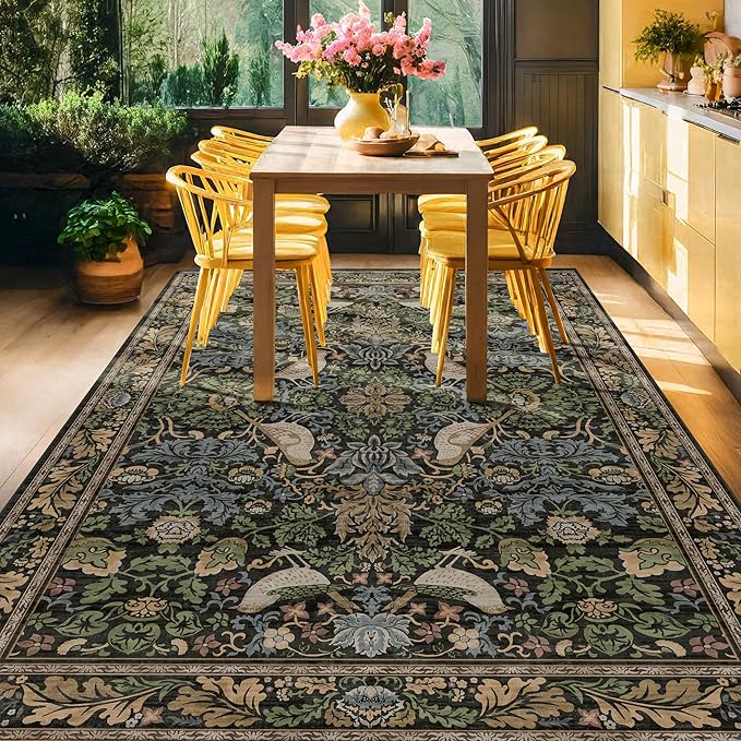 Botanical Brown Rug for Living Room - Washable 10x14 Area Rug for Dining Room Under Table, Extra Large Bedroom - Boho Bird Farmhouse Decor, Soft Low PileNon-Slip & Stain Resistance