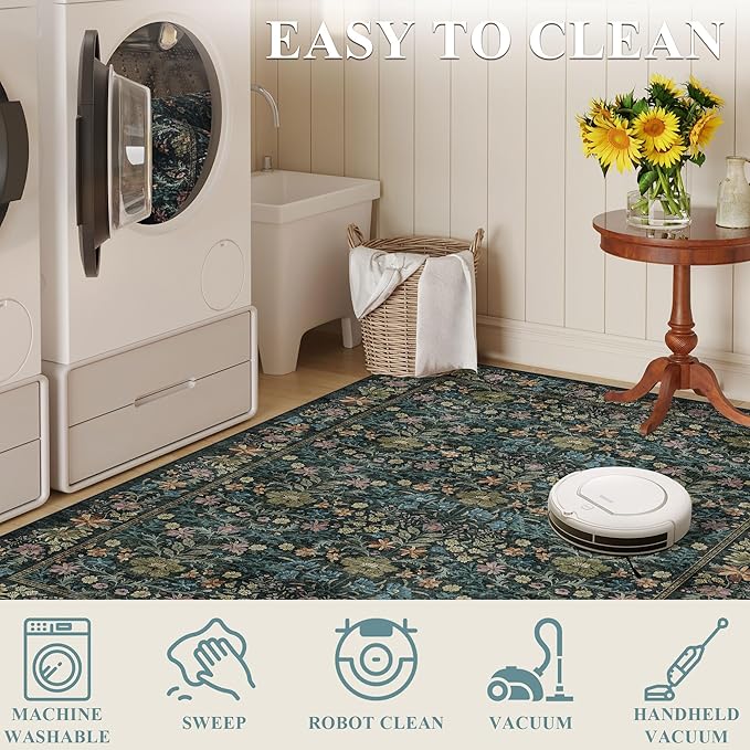 DUKINO 2x4 Rug for Entryway, Lightweight Washable Runner Rug with Non Slip Backing, Vintage Floral Low Pile Small Carpet Runner for Kitchen, Hallway, Entryway, Bathroom, Bedroom, Blue