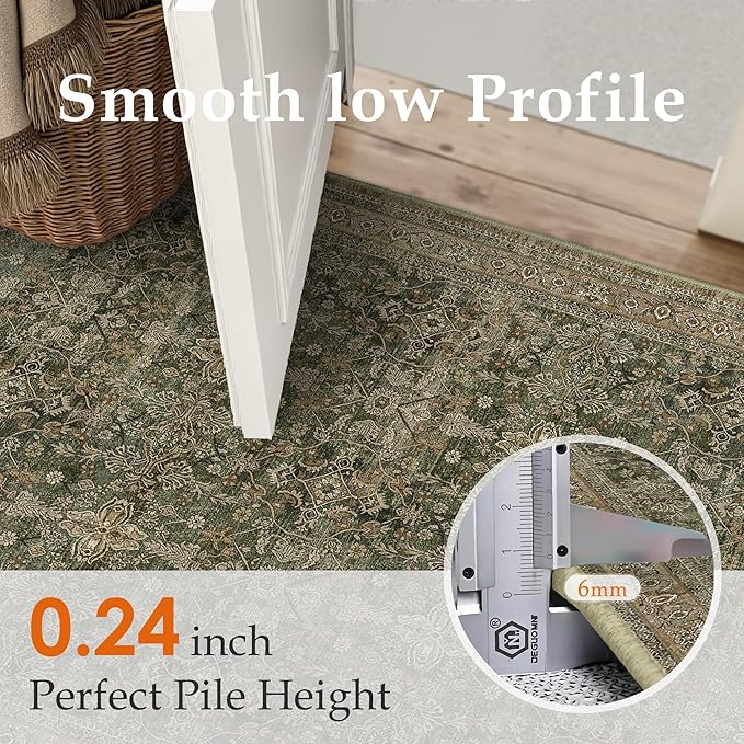 Hallway Runner Rug 2x6 Green Brown Vintage Washable Kitchen Carpet Traditonal Distressed Soft Non Slip Long Runner Retro Low Pile Thin Rug for Laundry Bedroom Entrance Bathroom