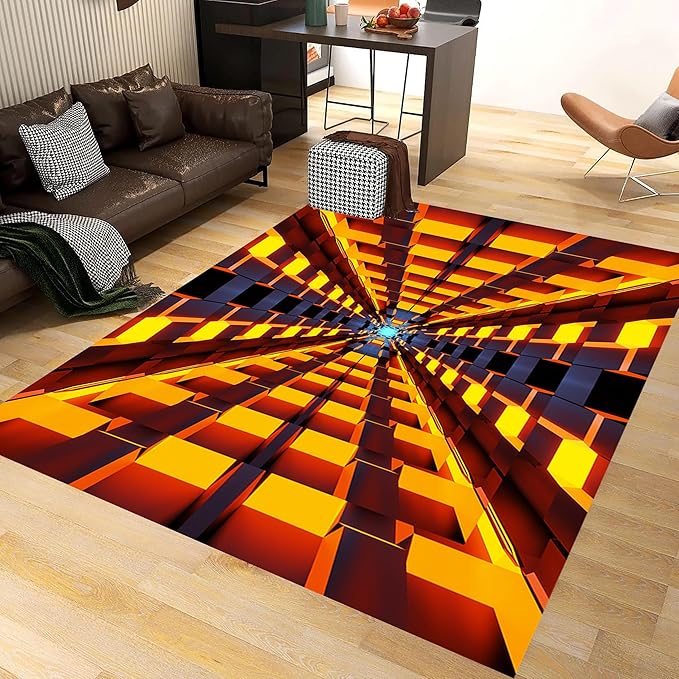 3D Abstract Grid Area Rug, 4x6ft, Visual Illusion Realistic Cave Indoor Carpets, Orange Three Dimensional Pattern Floor Mat, Easy Clean Breathable Washable Rugs for Indoor Family