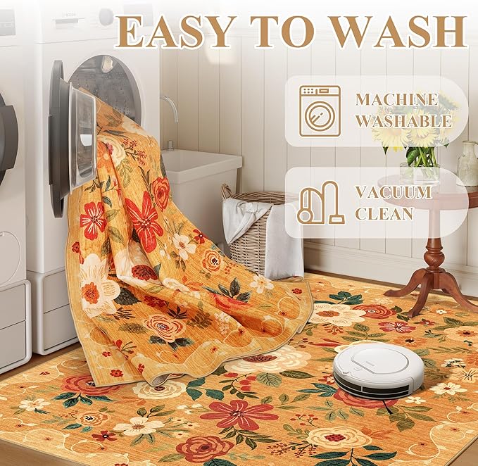 DUKINO 8x10 Area Rug, Floral Rugs for Living Room, Lightweight Non Slip Washable Rug, Indoor Low Pile & Non-Shedding Boho Design Rugs for Bedroom, Living Room, Dining Room, Orange