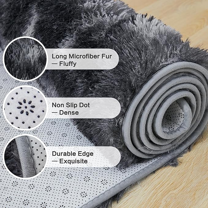 Andency Soft Area Rugs for Living Room Bedroom, 5x8 Fluffy Shaggy Bedside Rug, Non-Slip Large Shag Fuzzy Plush Carpets for Bedroom Kids Dorm Nursery Home Decor Aesthetic, Tie-Dyed Dark Grey