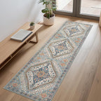 Bavni Kitchen Rug 2x7 Runner Rugs for Hallways Entryway, Washable Vintage Print Carpet, Ultra-Thin Chenille Low Pile Lightweight Rug with Non Slip Backing, Blue/Orange
