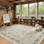 Beige Floral 5x7 Area Rugs for Living Room Large Washable Rug Vintage Forest Low Pile Non Slip Stain Resistance Soft Carpet for Dining Room, Bedroom, Office Rug, Kids Room, Nursery Room, Playroom