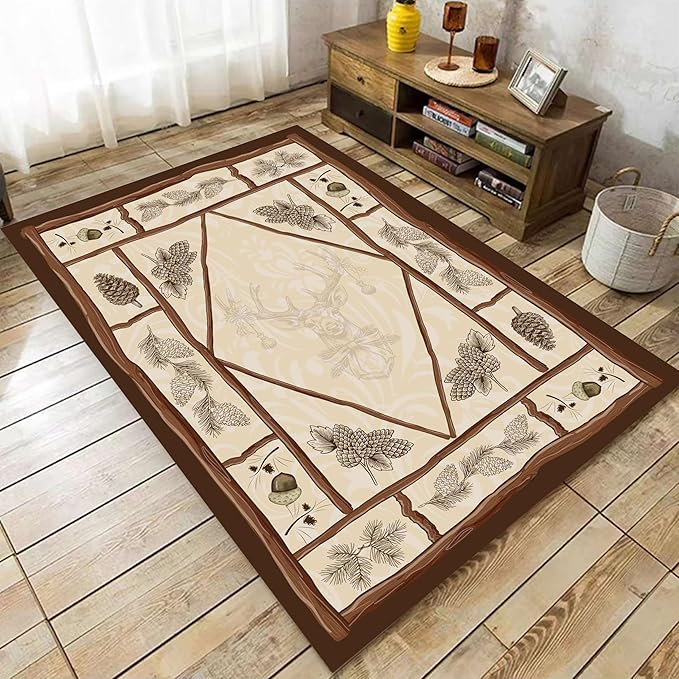 Country Cottage Deer Area Rugs 3x5ft Animal Plant Pine Cone Leaves Branches Patchwork Pattern Featured Indoor Floor Rugs, Vintage Style Non-Slip Non-Shedding Rugs for Farmhouse Office Living Room
