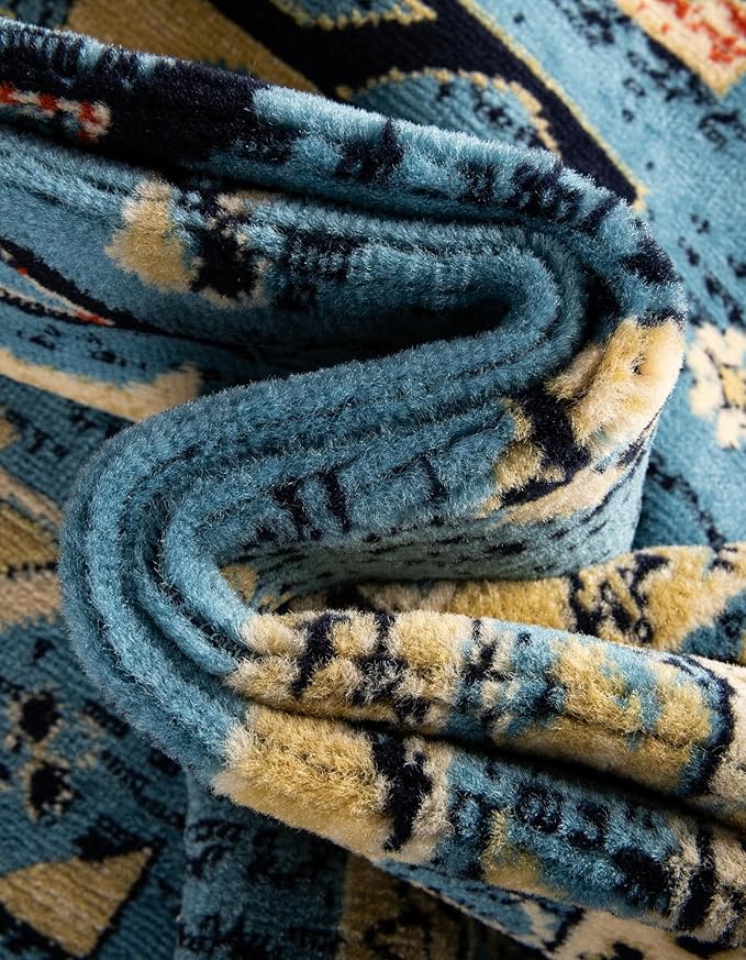 Unique Loom Taftan Collection Border Geometric Tribal Inspired Design Area Rug (6' 0 x 9' 0 Rectangular, Light Blue/ Gold)