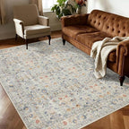 Washable Living Room Rug: 5x7 Boho Floral Soft Area Rug for Bedroom Decor - Vintage Low Pile Thin Carpet for Dining Room Non-Slip - Farmhouse Stain Resistant Rugs - Beige Blue