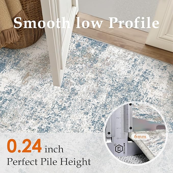 Blue 6x9 Area Rug Washable Modern Abstract Living Room Carpet Non Slip Neutral Low Pile Soft Contemporary Aesthetic Bedroom Large Rug Indoor Office Dining Room Playroom