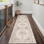 Runner Rug 3x10 Beige Hallway Washable Carpet Non Slip Vintage Medallion Carpet Low Pile Soft Distressed Retro Indoor Long Rug for Entryway Kitchen Bathroom Laundry Bedroom