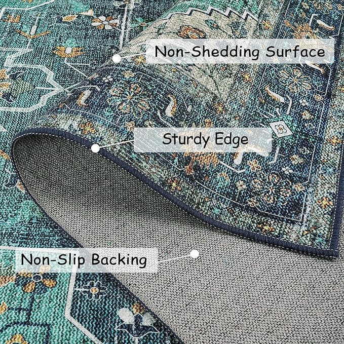 Moynesa Ultra-Thin Washable Area Rug - 4x6 Teal Living Room Rug Oriental Rugs for Bedroom, Non Slip Non Shedding Low Pile Entryway Carpet for Bedroom Dressing Room Office