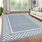 GarveeHome Washable Area Rugs 10x13 Non Slip Soft Large Living Room Rug Modern Checkered Bedroom Rug Soft Geometric Bordered Throw Carpet for Dining Room Home Decor Office Nursery, Blue