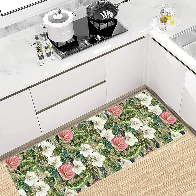 Runner Rug 2x8ft Non-Slip - Tropical Floral Watercolor Boho with Orchids & Leaves - Washable Entryway Carpet for Hallway, Bedroom, Dining Room - Green Pink Design