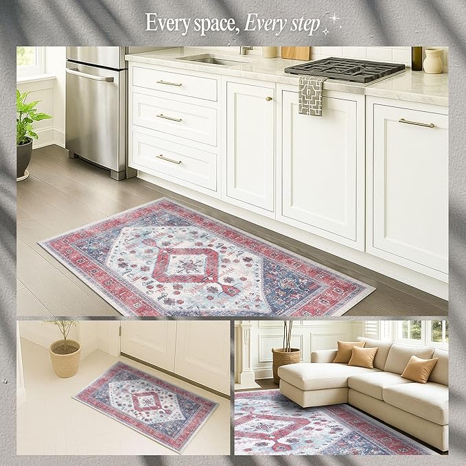 Fame Rugs Turkish Rug. Washable Vintage Oriental Antique Inspired Traditional Doormat Small Modern Area Rugs Luxury Entryway Entry Bedroom Bathroom Kitchen (402RN, 2'5 x 13'1)
