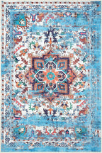 GLN Rugs Traditional Collection - Machine Washable Area Rug, Traditional Washable, Non Slip, Low Pile Chenille Rug, Living Room, Bedroom, Kitchen Rug (6' x 9' Blue/Multicolor)