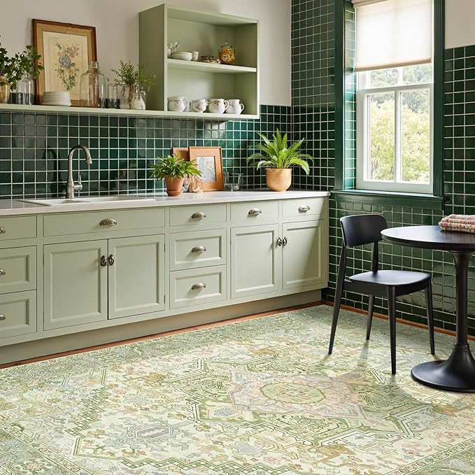 Kokia 6x9 Washable Sage Green Area Rugs with Vintage Orient Design Soft Rug for Living Room or Home Office Non-Slip Low Pile Stain Resistance Features Distressed Medallion Pattern