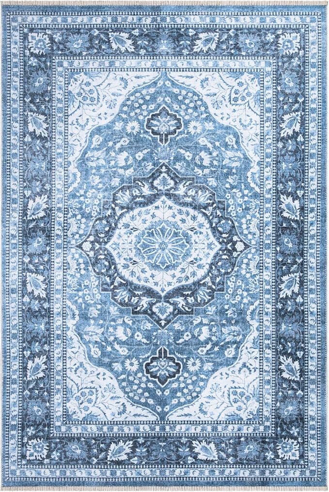 Bloom Rugs Caria Washable Non-Slip 4x6 Rug - Blue Traditional Area Rug for Living Room, Bedroom, Dining Room, and Kitchen - Exact Size: 4' x 6'