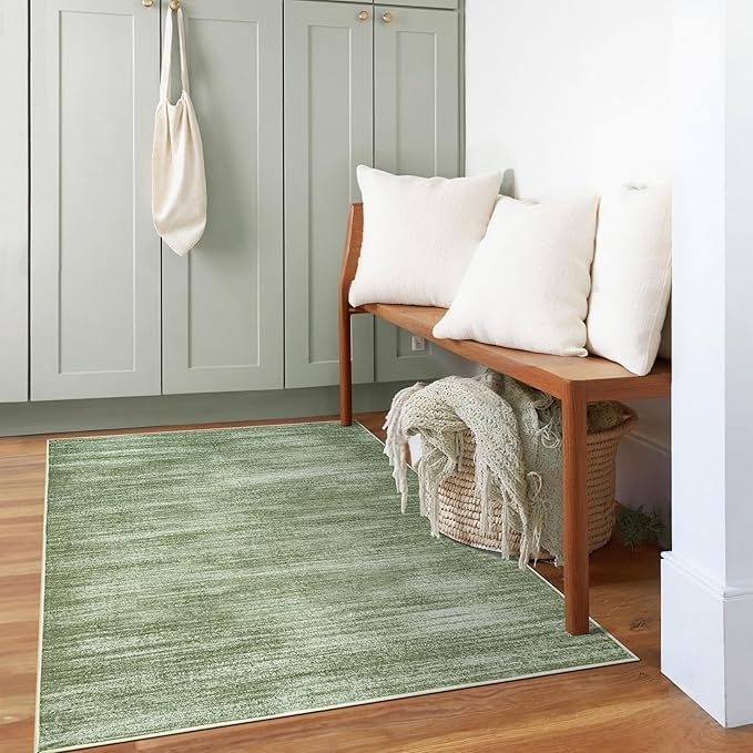 Modern Abstract Neutral Area Rug 4x6 Olive Green Office Chair Mat for Low Pile Floor Carpet with Non Slip Dark Green 4 x 6 Small Rug for Bedside Dorm Laundry Room
