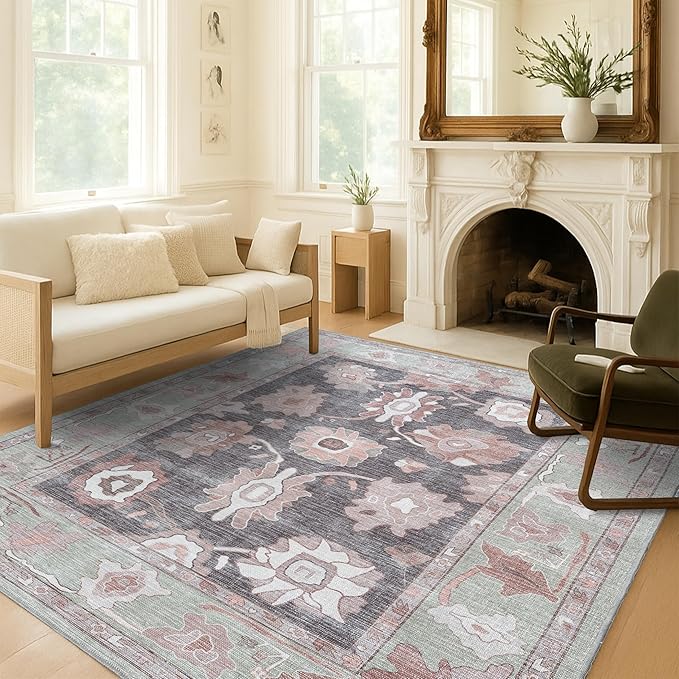 Fame Living Green Oushak Runner Rug, Modern Runners, Turkish, Eclectic, Floral, Pastel, Washable, Small Throw Rugs, Short Runner for Hallway, Laundry, Foyer, Bedroom, Kitchen, Bathroom, 2'5"x6'5"