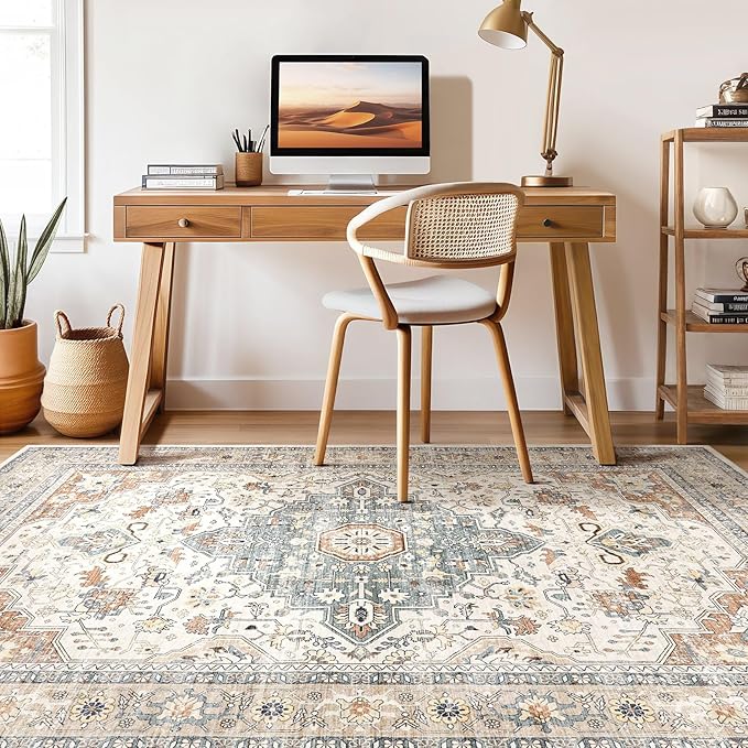 5x7 Area Rugs Living Room: Washable Boho Large Neutral Vintage Soft Rug Stain Resistant Distressed Farmhouse Non-Slip Indoor Floor Carpet for Bedroom Nursery Kids Office Dining Room- Beige Blue