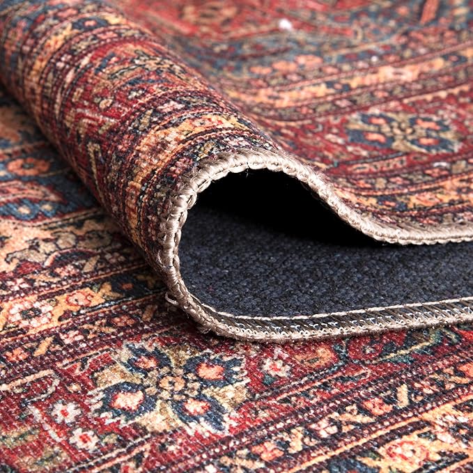 Bloom Rugs Washable Non-Slip 5' x 7' Rug - Red/Teal Blue/Yellow Traditional Medallion Area Rug for Living Room, Bedroom, Dining Room, and Kitchen - Exact Size: 5' x 7'