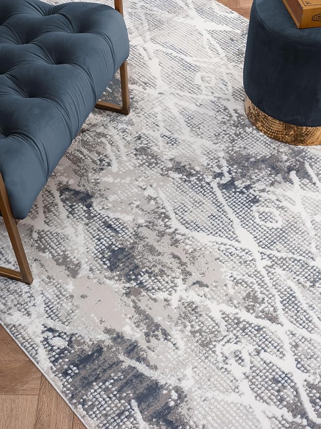 Adel Modern Area Rug for Living Room, 8x10 Rustic Distressed Abstract Large Blue Rug, Medium Pile Stain Resistant Carpet for Bedroom, Dining Room or Kitchen (8' x 10', Blue)
