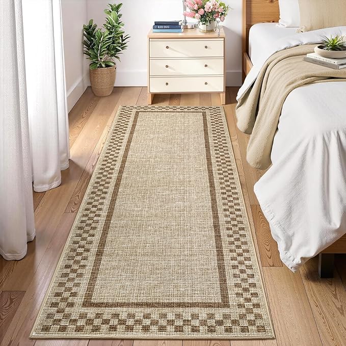 Washable Runner Rug 2x10 Modern Bordered Hallway Runner Rug Non Slip Kitchen Throw Carpet Checkered Bathroom Entryway Runner Rugs Low Pile Solid Area Rugs for Living Room Bedroom Nursery Sink, Taupe