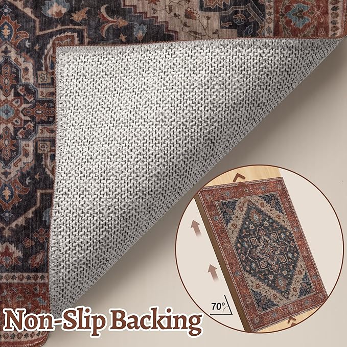 Tangsoo 2x3 Washable Rug for Entryway, Vintage Non Slip Small Area Rug, Indoor Front Door Rug, Print Door Mat Small Carpet, Soft Low Pile Rugs for Entrance Kitchen Bedroom Dark Blue/Orange