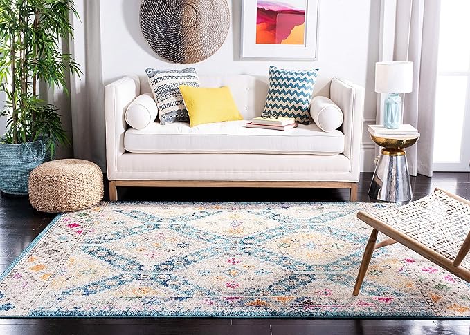 SAFAVIEH Madison Collection Area Rug - 3' Square, Dark Blue & Yellow, Boho Diamond Distressed Design, Non-Shedding & Easy Care, Ideal for High Traffic Areas in Living Room, Bedroom (MAD418N)