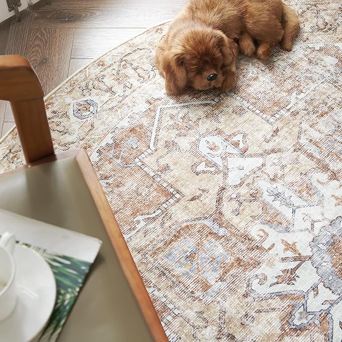 jinchan Kelda Round Rug 7ft Washable Area Rug Indoor Vintage Bedroom Floor Cover Distressed Circle Mat 7' Round Lightweight Non Slip Low Pile Thin Farmhouse Carpet for Living Room Brick Red