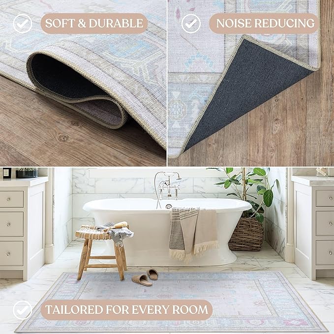 Fame Living Pink Oushak Rug, Modern, Vintage, Turkish, Eclectic, Floral, Pastel, Washable, Area Rugs for Living Room, Dining, Bedroom, Nursery, Girls, Boys, 5'9"x8'9"