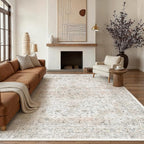 8x10 Washable Vintage Area Rug for Living Room Bedroom Beige Grey Soft Tranditional Non Slip Large Throw Rug Lightweight Floral Low Pile Distressed Carpet Office Playroom Dining Room