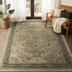 Vintage Distressed 5x7 Area Rugs for Living Room Bedroom Non Slip Washable, Medallion Pattern Printed Low Pile Thin Carpet Rugs for Dining Room/Kitchen/Home Office, Multi Brown/Slate Green